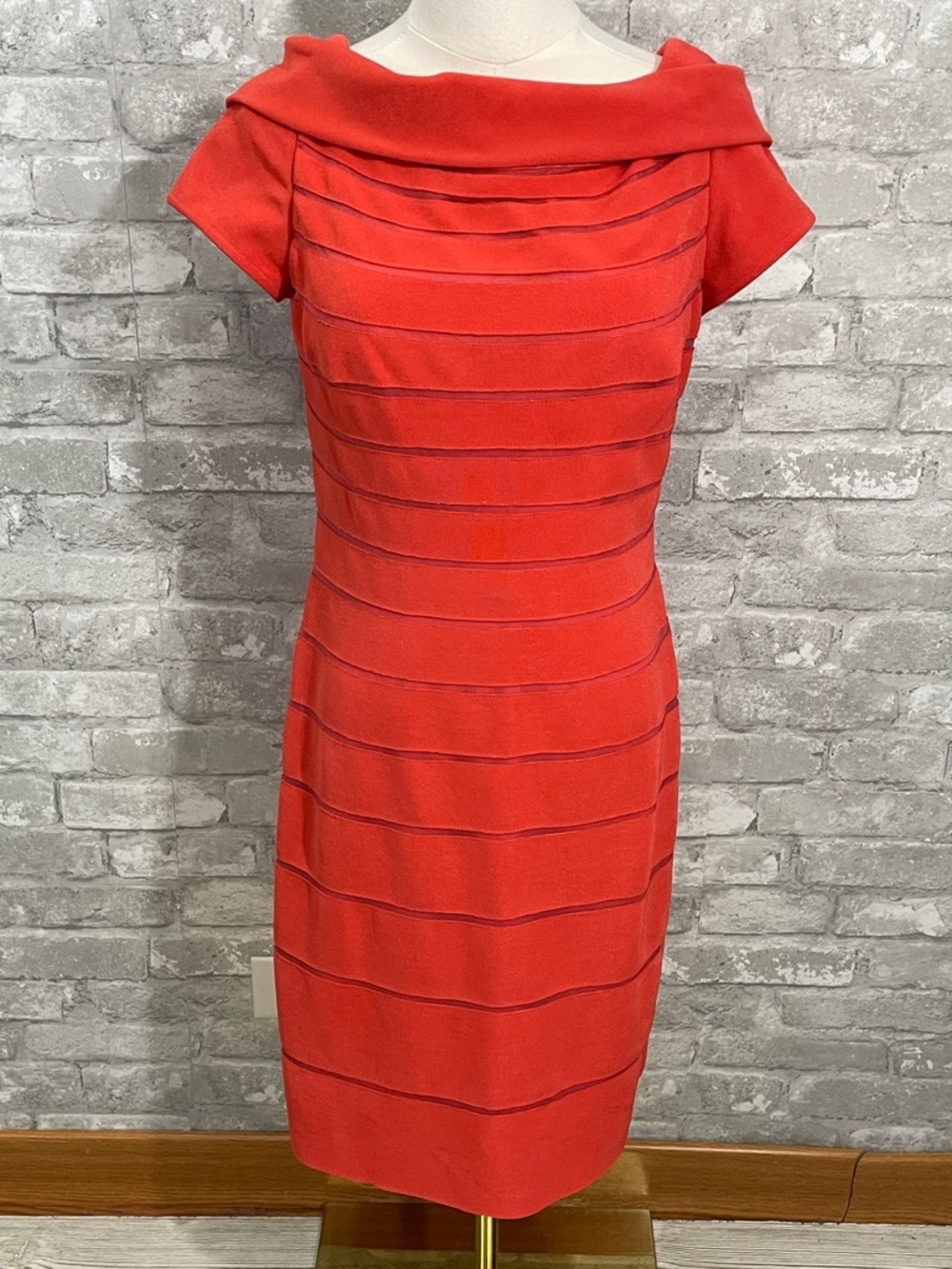 Chetta B Coral-Red Boatneck Sheath Midi Dress